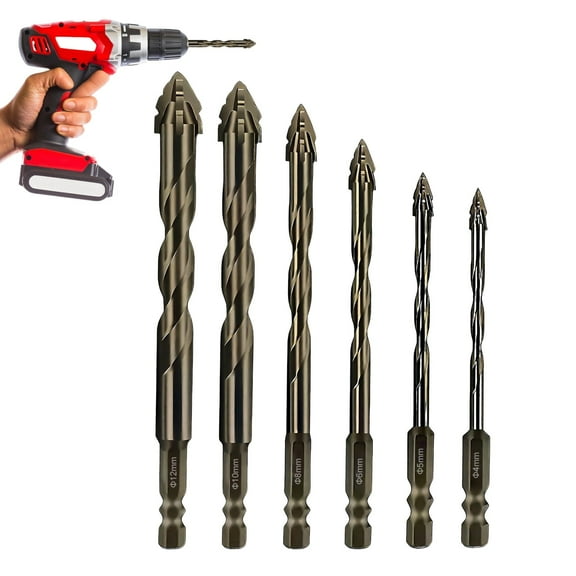6-PCS High-Strength Four-Flute Serrated Eccentric Drill Bit Set Industrial Carbide Tip Twist Bits for Concrete, Glass, Wood, Brick, Metal, Tile & More (4+5+6+8+10+12mm)