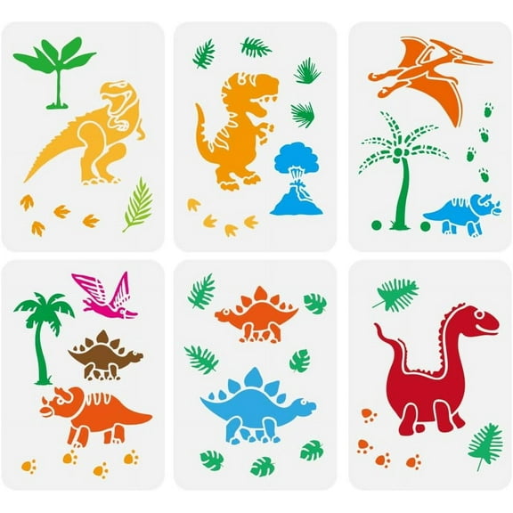 6 PCS Jurassic Era Dinosaur Painting Stencils 8.3x11.7inch Hollowed Dinosaur Volcano Drawing Templates Reusable Leaf Coco Trees Paw Print Stencils Animal Theme Templates for DIY White