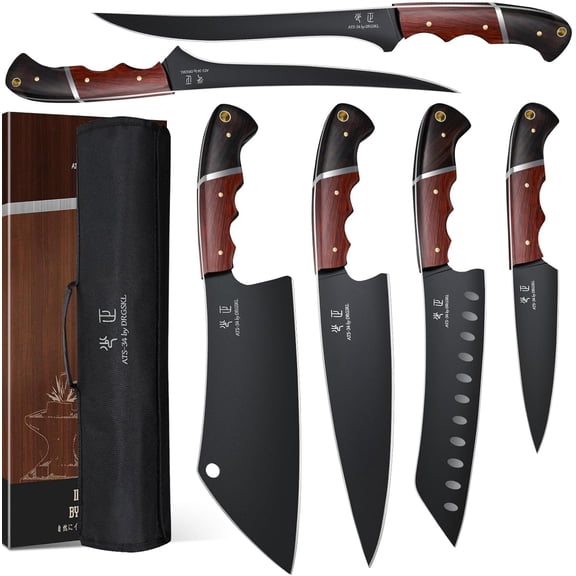 6 PCS Kitchen Knife Set with Bag - Cleaver, Boning, Fillet, Santoku, Utility Knife, Chef Knife with Full Tang Wooden Handle, Butcher Knife Set for Men, Ideal Gift