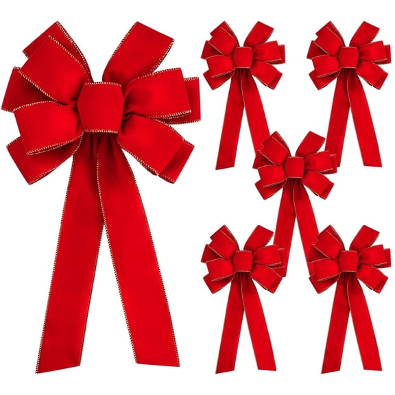 6 PCS Large Christmas Bow - 20" Christmas Valentine's Day Golden Edged Red Velvet Wreath Bow Christmas Tree Topper Ornament Bow for Christmas Home Wreath Tree Decoration