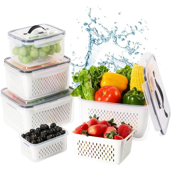 6 PCS Large Fruit Containers for Fridge - Leakproof Food Storage Containers with Removable Colander - Dishwasher & Microwave Safe Produce Containers Keep Fruits, Vegetables, Berry, Meat Fresh longer