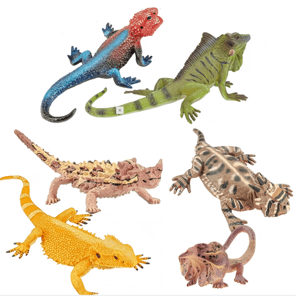 6 PCS Large Lizard Figurines Set, Realistic Reptile Wildlife Statues, Solid Plastic Animal Figures, Bearded Dragon, Green Iguana, Frilled Lizard for Diorama & Scene Display