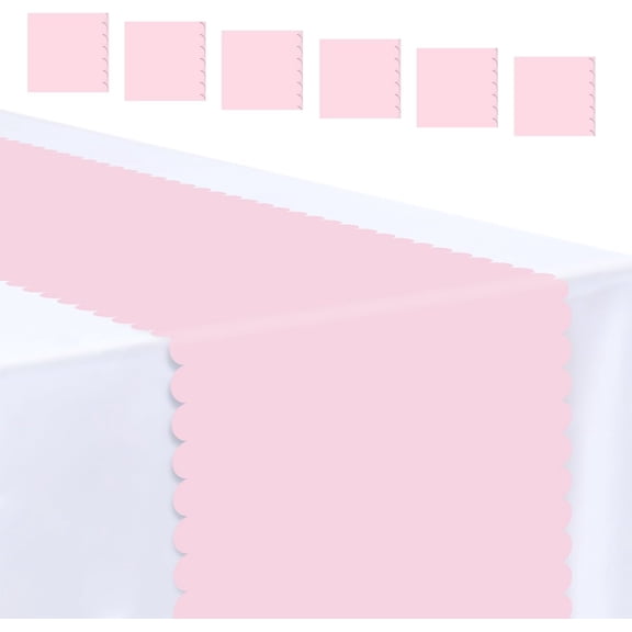 6 PCS Light Pink Scalloped Table Runner Plastic 14 x 108 Plastic Runners for Birthday Wedding Baby Shower Party Holiday Table Centerpiece Decorations Disposable Table Runner