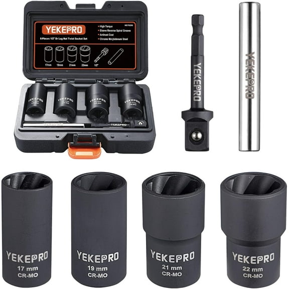 6 PCS Lug Nut Removal Tool, 1/2-inch Drive Impact Twist Socket Set & Bolt Extractor Set, 17,19,21,22MM Wheel Lock Removal Kit for Removing Damaged, Frozen, Rusted, Nuts & Screws, Cr-Mo Steel