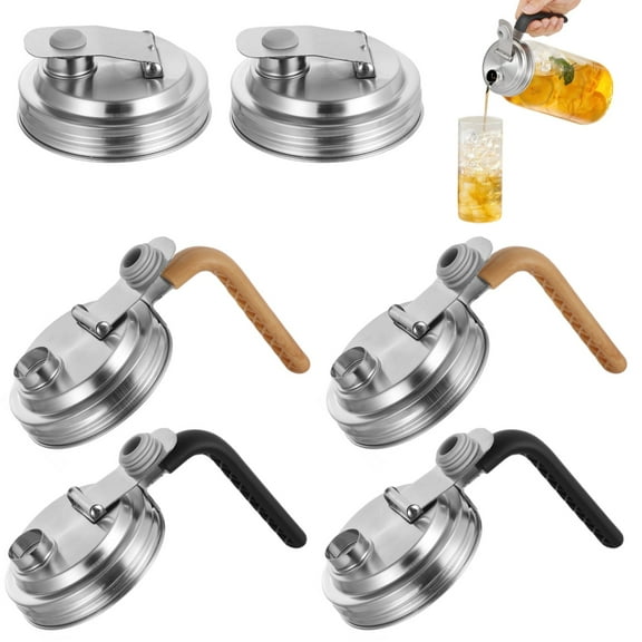 6 PCS Mason Jar Pour Spout Lids, Stainless Steel Flip Cap Lid with Non-Slip Long Handle, Sealed Mason Jar Lids for DIY Drinks Pickles Grains