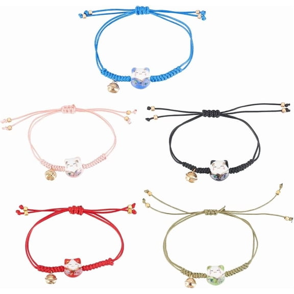 6 PCS Matching Bracelets Adjustable Lucky Cat Ceramic Beads Bracelets for Women Cute Bell Ceramic Bead Rope String Bracelet Lightweight for Birthday Gifts Christmas Party diy