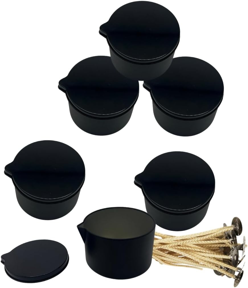 6 PCS Matte Black Pour Spout Massage Candle Tins with Gloss Lids - 6oz Fill Capacity- Bulk Candle Tins for DIY Candle Making - Empty Pour Spout Candle Tins - Includes 6pcs Stabillo 18 Candle Wicks