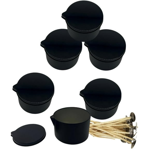 6 PCS Matte Black Pour Spout Massage Candle Tins with Gloss Lids - 6oz Fill Capacity- Bulk Candle Tins for DIY Candle Making - Empty Pour Spout Candle Tins - Includes 6pcs Stabillo 18 Candle Wicks