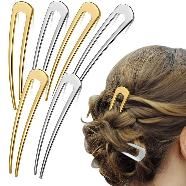 6 PCS Metal Shaped Hairpins Hair Stick Fork Sticks French Hair Pin 2 Prong  Updo Chignon Pins for Women Girls Buns Hair Accessories (Gold + Silver) 