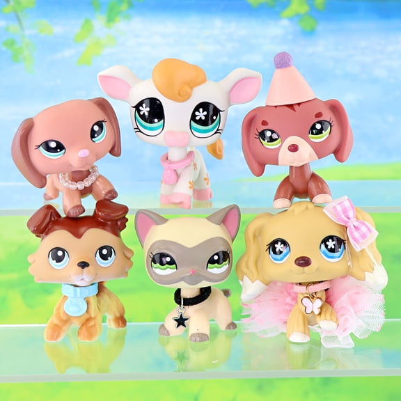 6 PCS Minilpsshop Little Cartoon Pets Shorthair Cat Collie Cow Dachshund Cocker Spaniel with Accessories,Collectable Animal Figures Toys