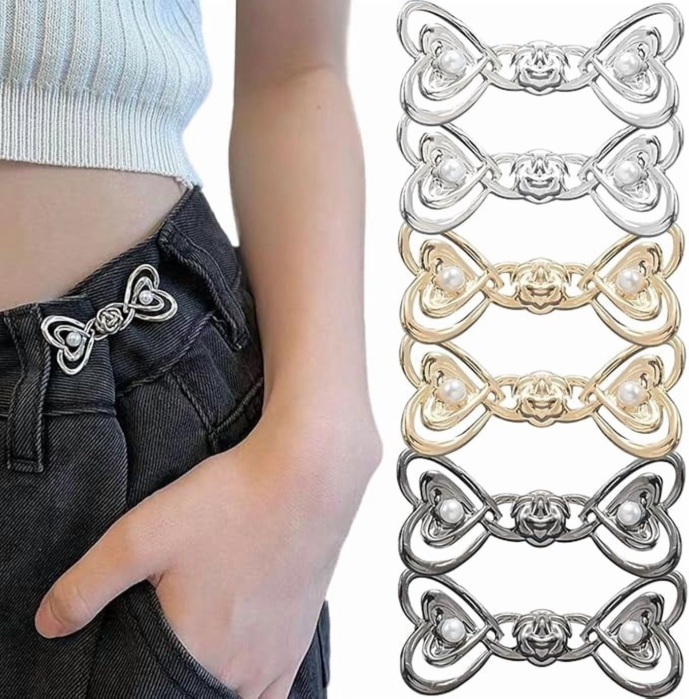 6 PCS Pants Waist Tightener Jean Buttons for Loose Jeans No Tools Detachable Decorative Waist Buckles No Sewing Adjustable Button Love Heart Pearl Button Pins for Jeans Waistband Tightener Skirts