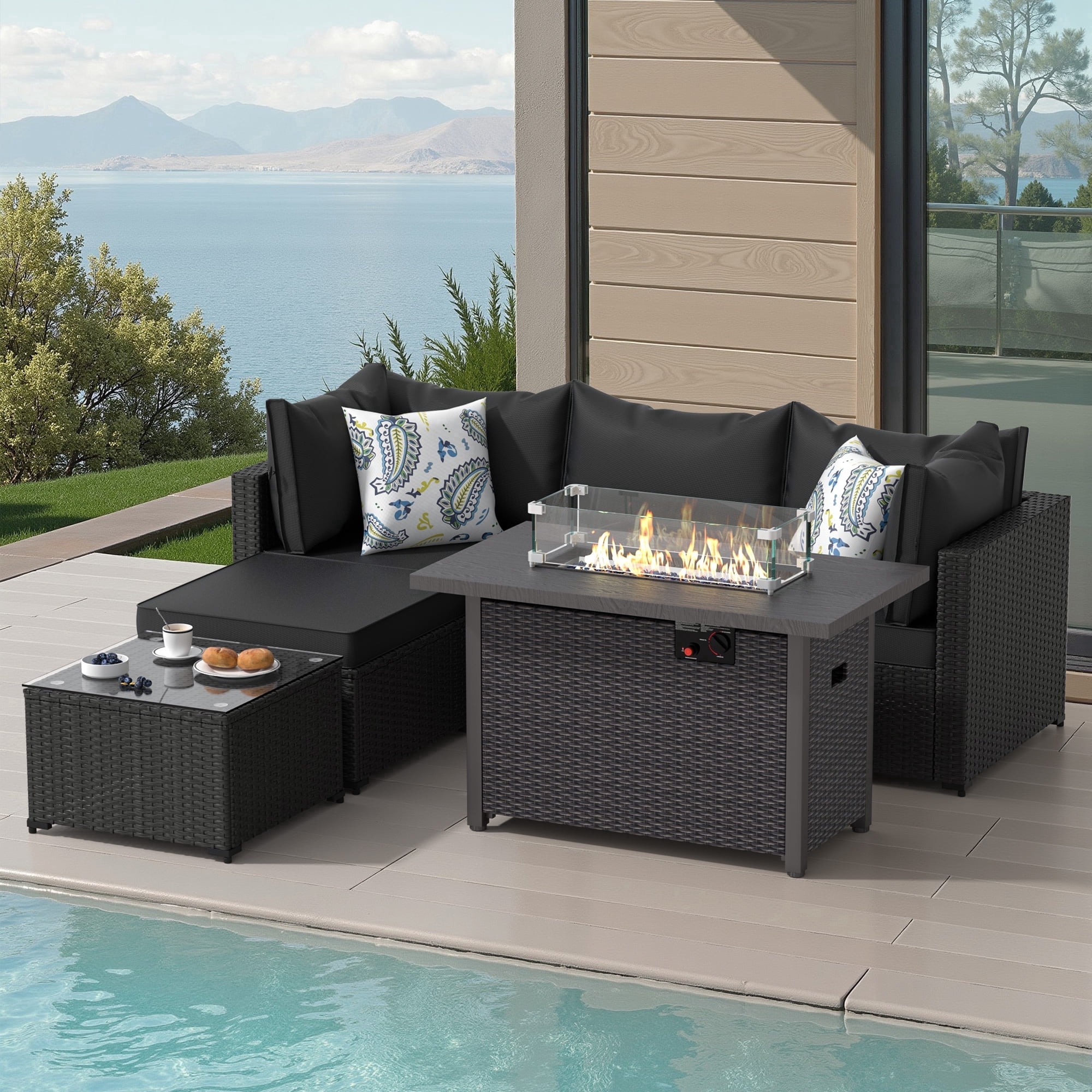 6 PCS Patio Furniture Sets w/ 42" Fire Pit Table Outdoor Conversation Sectional Sofa w/ 50000 BTU Propane Fire Pit Weaving Wicker Rattan Patio Conversation Set With Ottoman, Cushion And Coffee Table