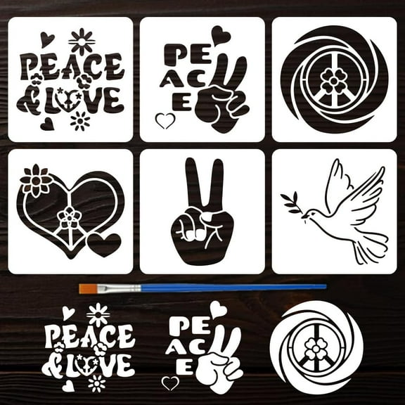 6 PCS Peace Gesture and Symbols Stencils with Brush 5.9x5.9inch Peace Love Heart Template Doves with Olive Branches Stencil Flowers Spirals Phrases Daily Theme Template