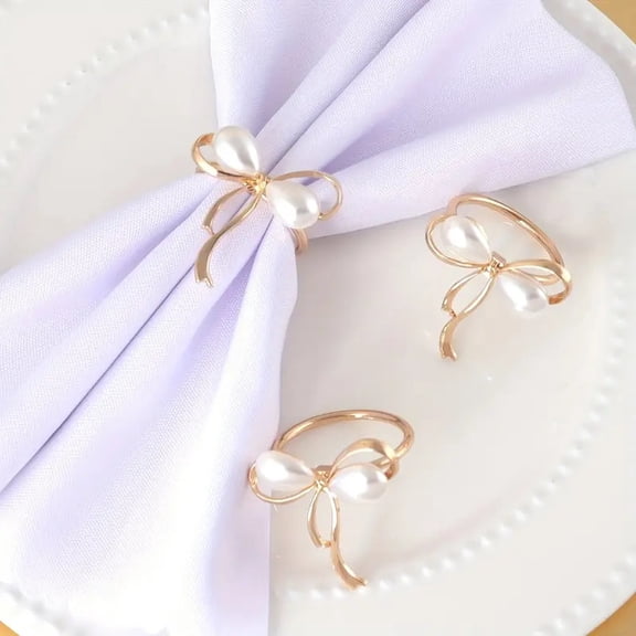 6 PCS Pearl Bow Napkin Rings for Weddings, Parties, Festivals, and Picnics - Elegant Table Decoration for Birthday Celebrations