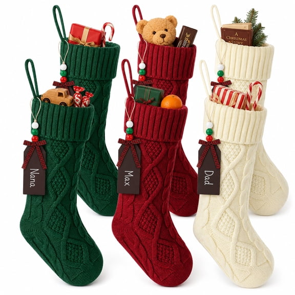 6 PCS Personalized Christmas Stockings Set, 18 Inch Cable Knit Stockings with Writable Name Tags in Burgundy Green and Ivory