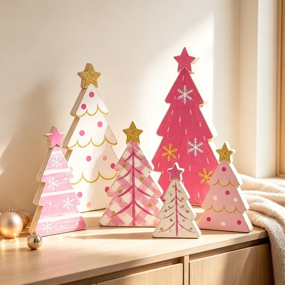 6 PCS Pink White Wooden Christmas Trees, Distressed Pink White Wood Tree Desktop Decor for Windowsill Shop Window & Holiday Party Display