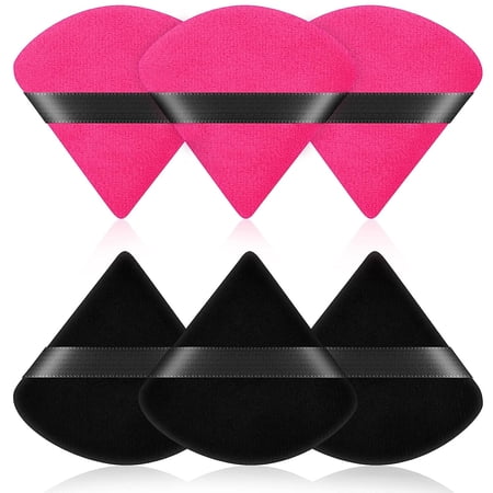 6 PCS Powder Puffs, Pure Cotton Soft Triangle Wedge Makeup Powder Puff for Loose Powder Mineral Powder Body Powder Cotton Velour Cosmetic Foundation Sponge Makeup Tool (3 Black+3 Rose Red)