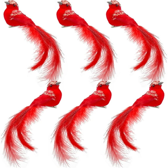 6 PCS Red Cardinal Birds with Clip, Christmas Tree Decoration, Artificial Red Birds with Feathers for Xmas Wedding Winter Theme Decor Wreath Ornaments DIY Crafts