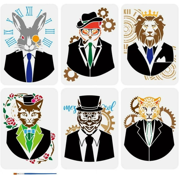 6 PCS Retro Mechanical Animals Painting Stencil with a Art Paint Brush 8.3x11.7inch Reusable Rabbit Cat Owl Leopard Fox Lion Pattern Animals Theme Stencil for Painting on Wall Furniture for DIY