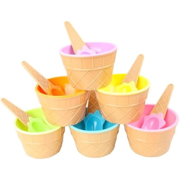 6 PCS Reusable Plastic Ice Cream Bowls with Spoons Colorful Cartoon Ice Cream Cups for Sundaes, Frozen Yogurt, and Summer Party Desserts$$Home Decor, Kitchen, & Other