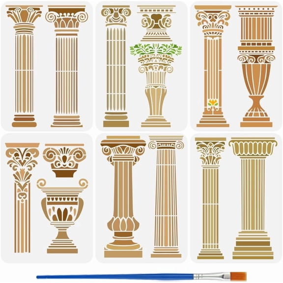 6 PCS Roman Column Stencils Painting with Brush 8.3x11.7inch Reusable Roman Buildings Template Hollowed Geometric Pattern Stencil Plastic PET Construction Theme Template