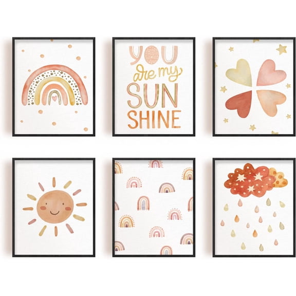 6 PCS/Set Unframed Canvas Prints You Are My Sunshine Canvas Wall Art Art Print Heart Rainbow Nursery Wall Art Boho Wall Art Prints Sunshine Nursery Decor for Living Room Bedroom Nursery