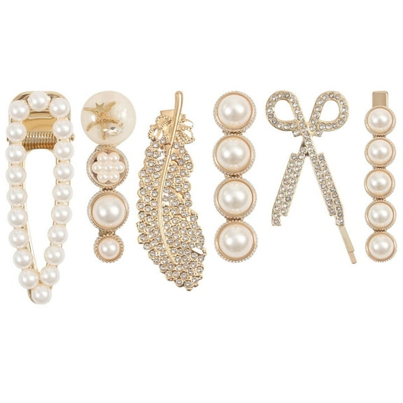 6 PCS Simulated Pearl Hair Clips for Women | Unique Patterns & Shapes Barrettes for Thick Hair | Hair Barrettes for Women, Short Hair Accessories | Alligator Bobby Clips for Hair | Hair Pins, (Gold)