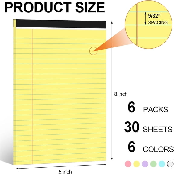 6 PCS Small Legal Pads 5x8 Colorful, Narrow Ruled Small Note Pads 5x8, Micro Perforated Writing Pad, College Ruled Legal Notepads 5x8 for Study, Office, To-Do Lists(30 Sheets/Small Notepad)