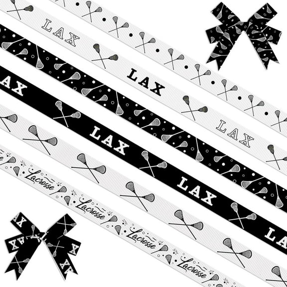 6 PCS Sports Lacrosse Ribbons for Crafting, 3/8" Width Grosgrain Ribbon Black White Ribbon Lacrosse Balls Craft Ribbons for Sports Party Decor Sewing DIY Crafts Supplies
