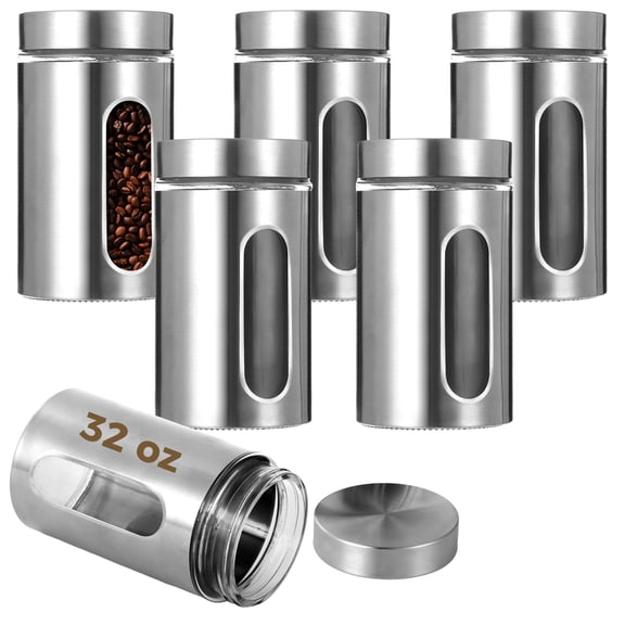 6 PCS Stainless Steel Glass Canisters, 32 oz Large Coffee Jar with Clear Window, Kitchen Canister with Airtight Lid, Food Storage Container Kitchen Organizer for Grain Tea Cookie Candy
