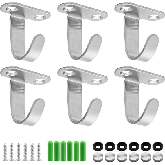 6 PCS Stainless Steel Screws Mount Ceiling Hooks, Brushed Nickel Towel Hook Heavy Duty Robe Clothes Hook, Under-Shelf Coat Hook Hanger for Bathroom Kitchen Cabinet