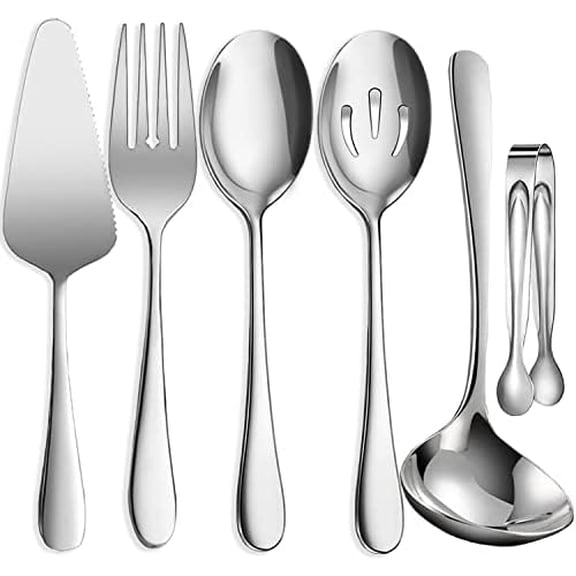 6 PCS Stainless Steel Serving Utensils, Large Serving Spoons Slotted Spoons, Forks, Ice Suger Tongs, Cake Server, Soup Ladle, Metal Utensils Set Great for Buffet Catering Banquet Party, Silver