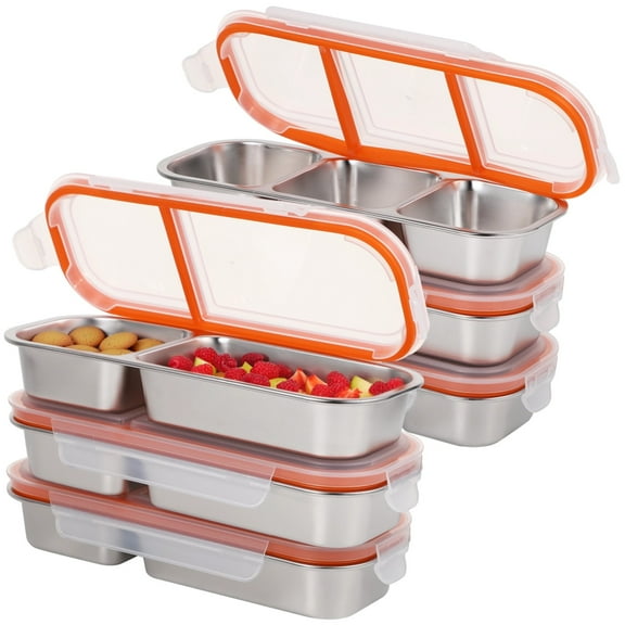 6 PCS Stainless Steel Snack Containers, Reusable 3-Compartment and 2-Compartment Snack Boxes with Leak-Proof Lids, Divided Food Storage Boxes for Home Office Picnic