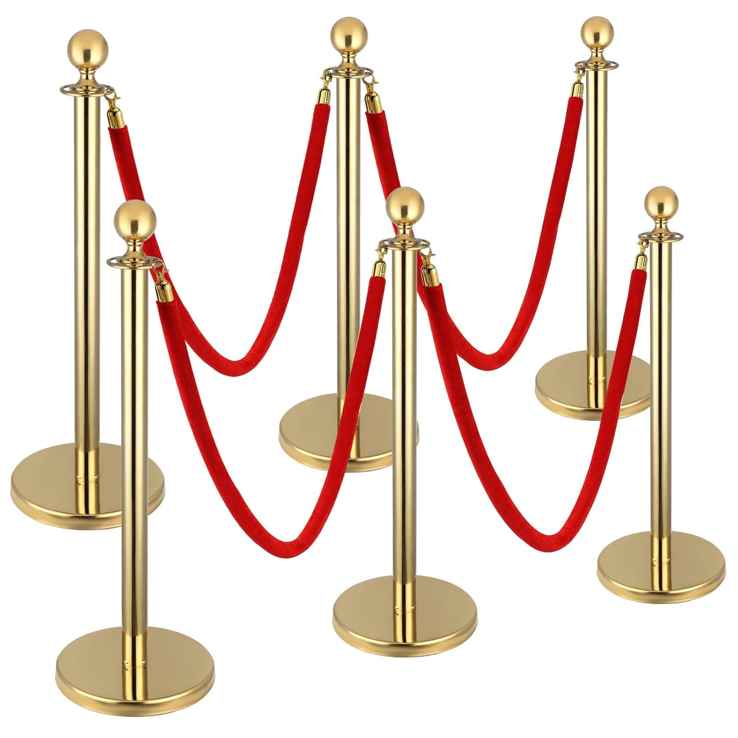 6 PCS Stainless Steel Stanchion Post,5Ft Red Velvet Rope, Hollow Base ...