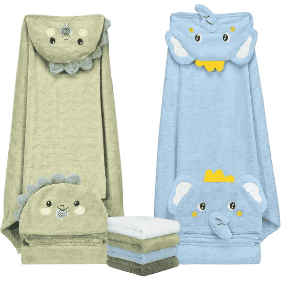 6 Pcs Toddler Bath Towel Set for Boy Girl 0-5 Year, 2 Thick Absorbent Hooded Baby Bath Towels Large 55" x 27.5" & 4 Washcloths, Gifts for Infant, Toddler, Kids, Dinosaur & Elephant