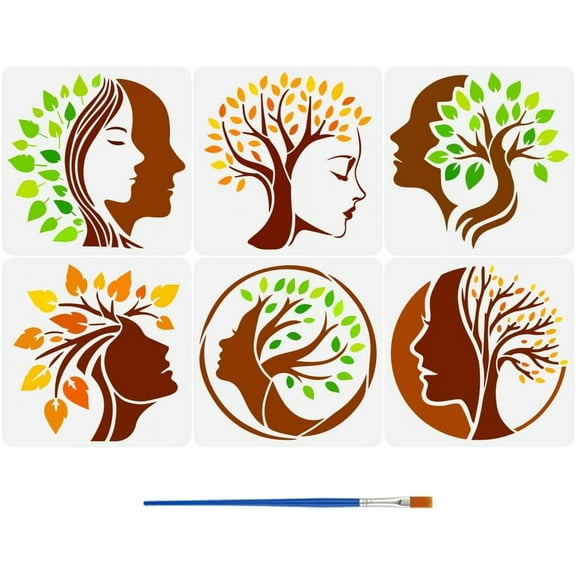 6 PCS Tree of Life Stencils with Paint Brush 11.8x11.8inch Reusable People Face Templates Plastic PET Face Tree Painting Stencils Character Theme Templates for Painting on Wood Fabric Silver