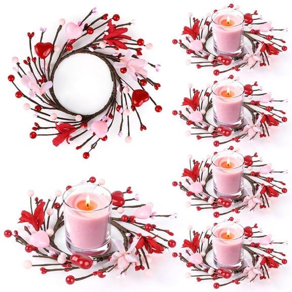 6 PCS Valentine Candle Rings Wreaths Valentines Day Mini Wreath Red Pink Heart and Berry Candle Holder Rings Valentine's Table Decor for Valentine Day Wedding Windows Table Centerpieces Y101