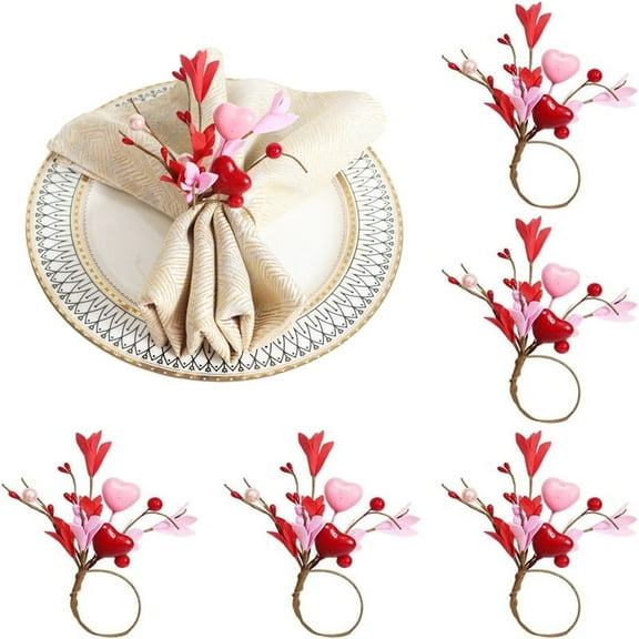 6 PCS Valentines Napkin Rings 1.5" Diameter Artificial Berries Heart Floral Napkin Holders Rings for Christmas Wedding Valentine's Day Mother's Day Holiday Banquet Home Table Centerpiece Decorations