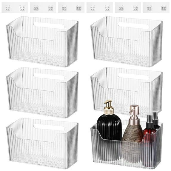 6 PCS Wall Mounted Storage Bins, Adhesive Clear Plastic Wall Organizer with Drainage Holes, Vertical Stiped Wall Organizer for Bathroom Kitchen Storage Room