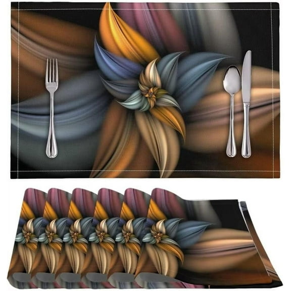 6 PCS Washable Tablemats for Home Farmhouse Beach, Easy to Clean Foldable Heat Resistant PVC Weave Rectangle Table Mats, Brown Fashion Flower