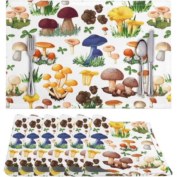 6 PCS Washable Tablemats for Home Farmhouse Beach, Easy to Clean Foldable Heat Resistant linen Weave Rectangle Table Mats, Mushroom Yellow