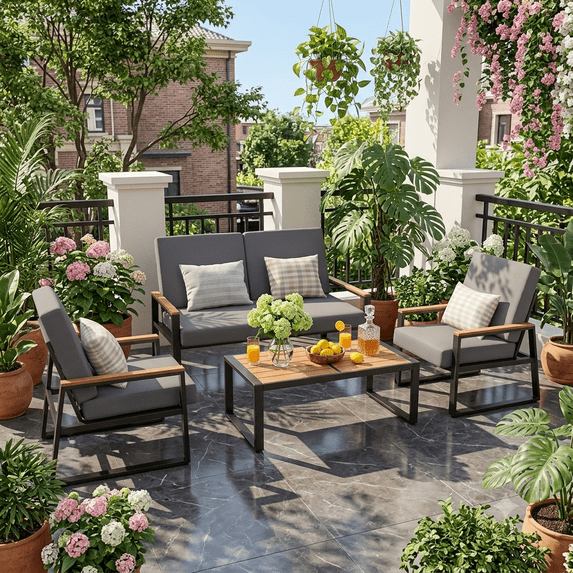 Outdoor Patio Furniture Set 4 Pieces, Metal Patio Conversation Chair with Removable Cushions and Coffee Table, for Backyard, Porch, Poolside & Garden - Black Frame, Grey Cushion