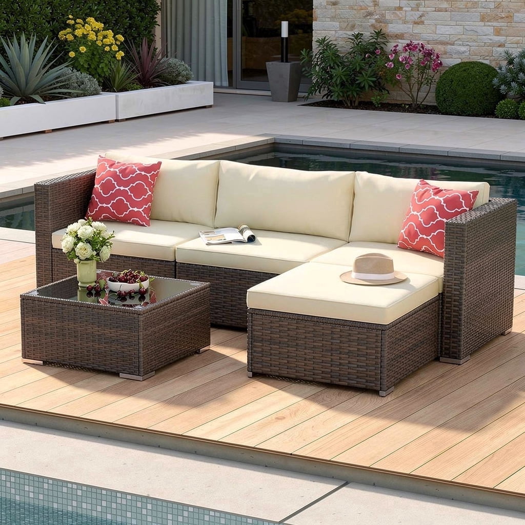 5 PCS Wicker Patio Furniture Set, PE Rattan Outdoor Sectional Sofa with Beige Cushions and Glass Coffee Table, for Backyard, Porch, Poolside & Garden - Brown Rattan, Beige Cushion
