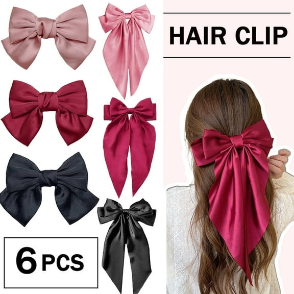 6 PCS Women's Satin Bow Hair Clips – 3 Long Tail & 3 Short Tail Metal Barrettes for All Hair Types