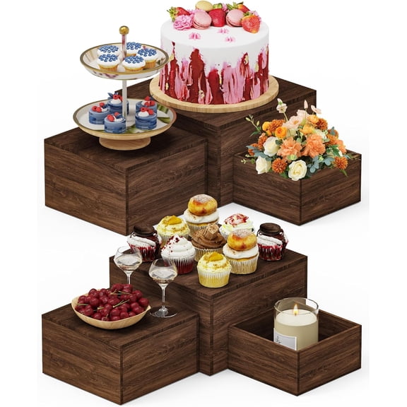 6 PCS Wooden Buffet Risers, Rustic Wood Cake Cupcake Stands, Square Food Risers for Buffet Table, Catering Dessert Table Display Set, Stackable Wooden Crates for Party, Decor, Wedding, Birthday
