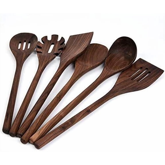 6 PCS Wooden Kitchen Utensils Set, Black Walnut Wood Long Handle Spoons and Spatula Set for Cooking, Heat Resistant Non-Stick Cookware