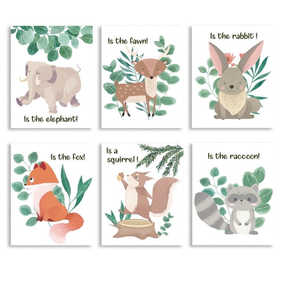 6 PCS Woodland Animal Wall Art Unframed Painting Canvas Decor Cute Baby Elephant Fawn Rabbit Fox Squirrel Racoon Prints Safari Nursery Picture Wall
