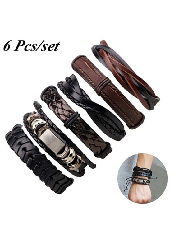 6 PCS/set Vintage Men Bracelet Multilayer Leather Rope WaxRope Braided Bracel WA