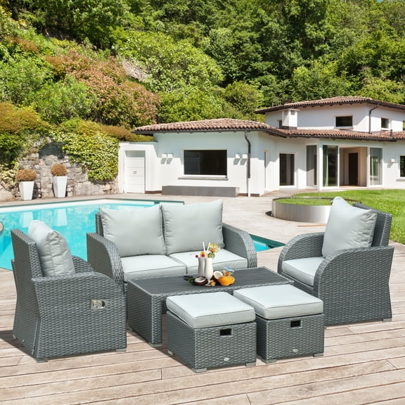 6-PCs Patio Furniture Sets Outdoor Wicker Sofa Set Rattan Angle Adjustable Recline Single Chair Conversation Set, Ottomans, w/ Polyester Tea Table Gas Spring & Soft Washable Cushions, Grey