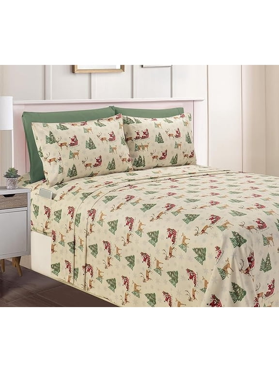 6-PIECE Luxury Soft Bed Sheets Holiday Pattern 1500 Premium Hotel Quality Microfiber-Softness Wrinkle and Fade Resistant - Bedding Set, Queen, Santa Moose